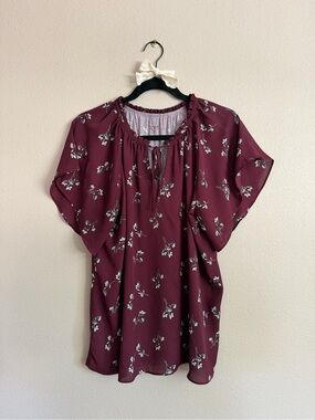 LOFT Maroon Floral Tie-Neck Peasant Top